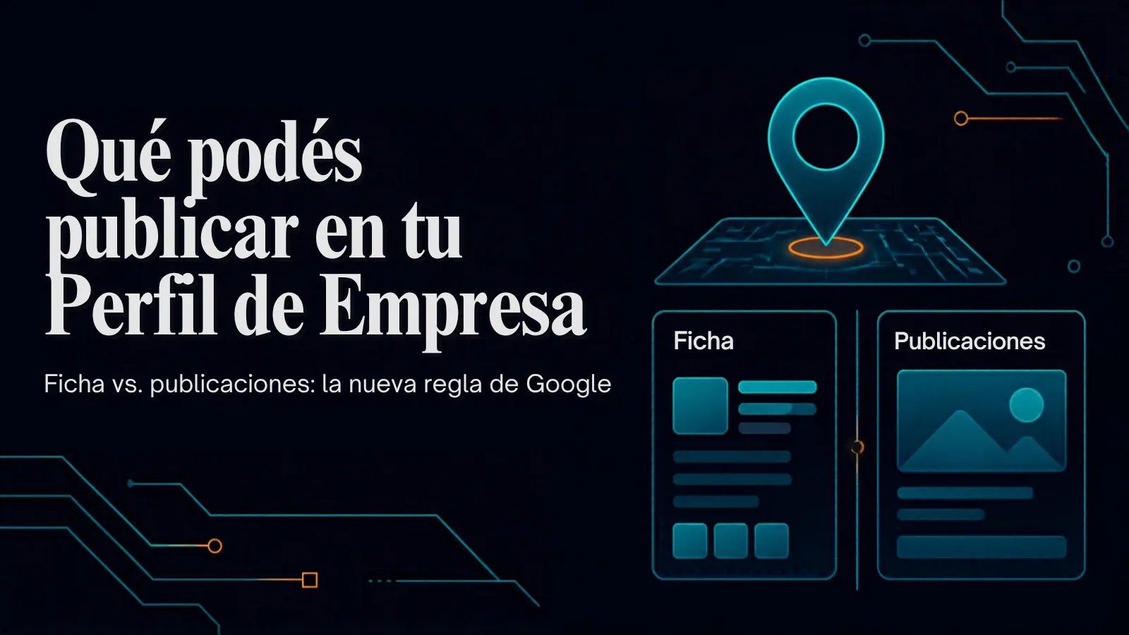 Portada en azul noche con líneas de circuito, un pin de mapa y dos tarjetas, Ficha y Publicaciones, con el título Qué podés publicar en tu Perfil de Empresa