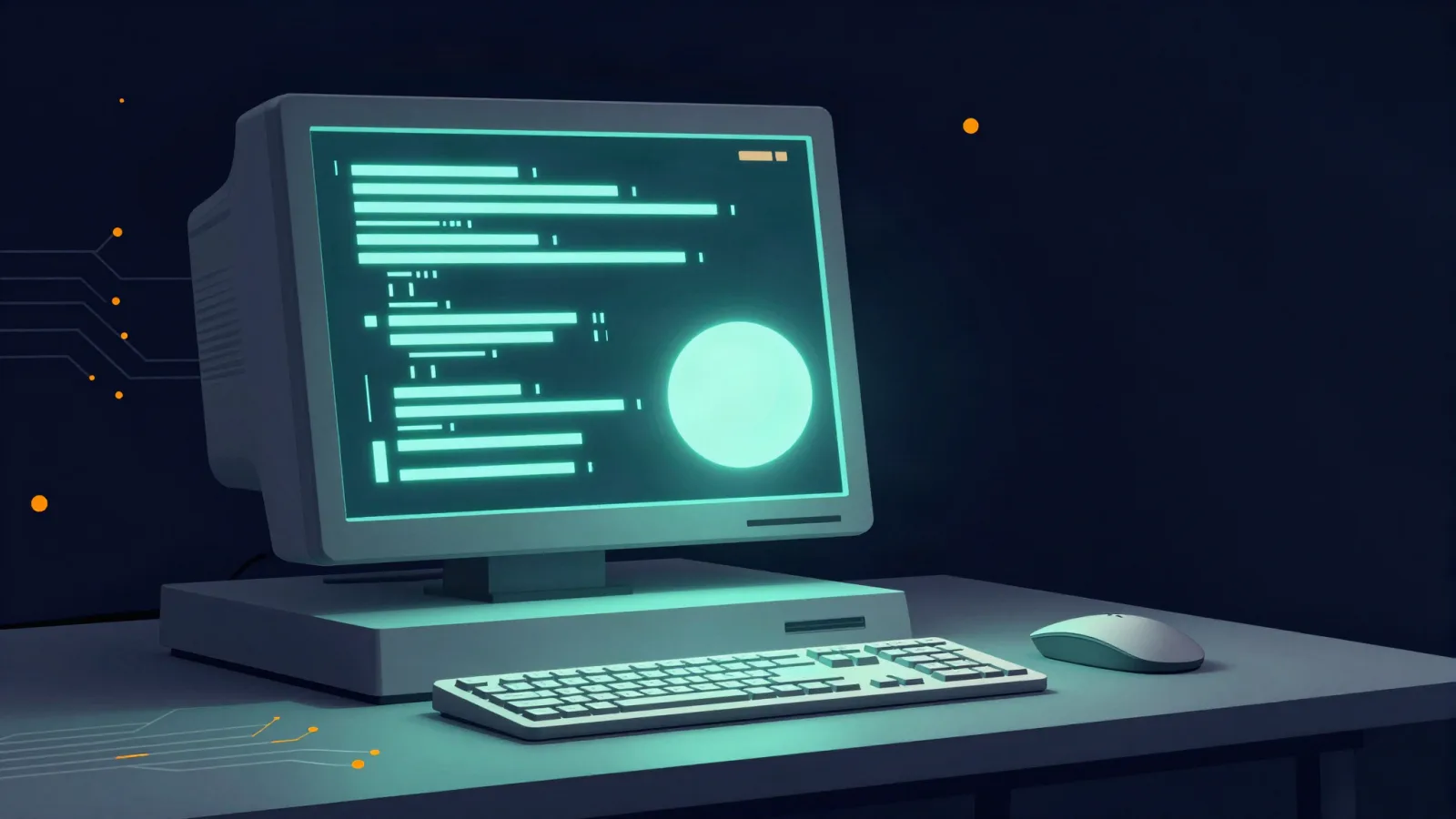 Computadora retro con código en pantalla y una esfera de luz que representa al asistente