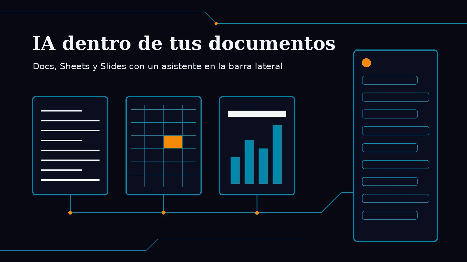 Ilustración de un documento, una planilla y una presentación conectados por líneas de circuito a un panel lateral de asistente de IA, sobre fondo azul noche