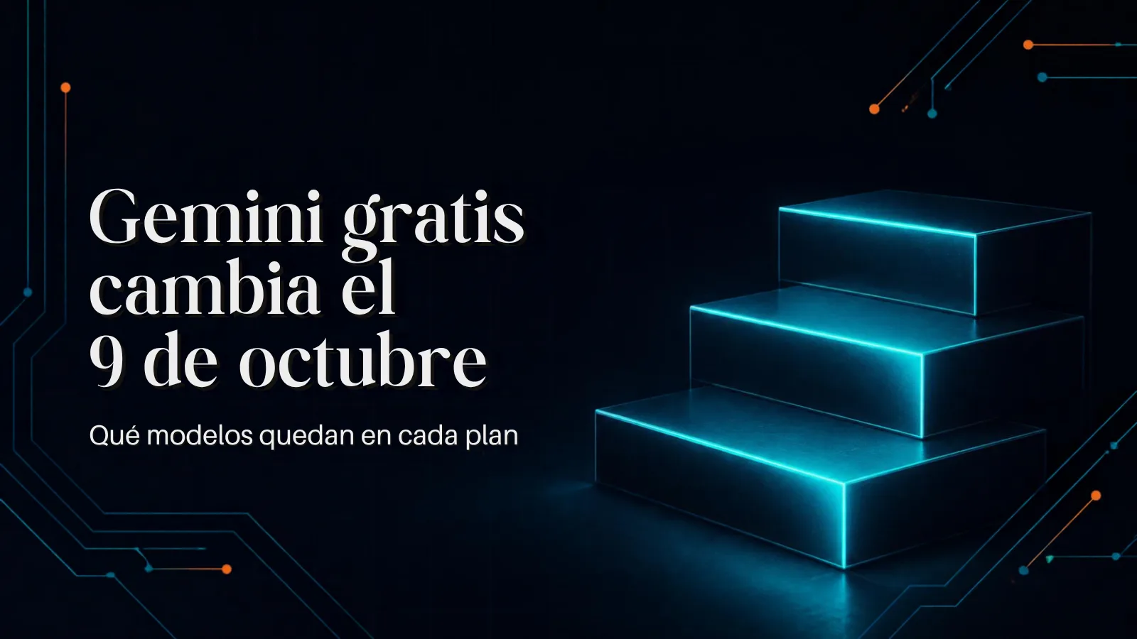 Portada en azul noche con el título "Gemini gratis cambia el 9 de octubre" y el subtítulo "Qué modelos quedan en cada plan"