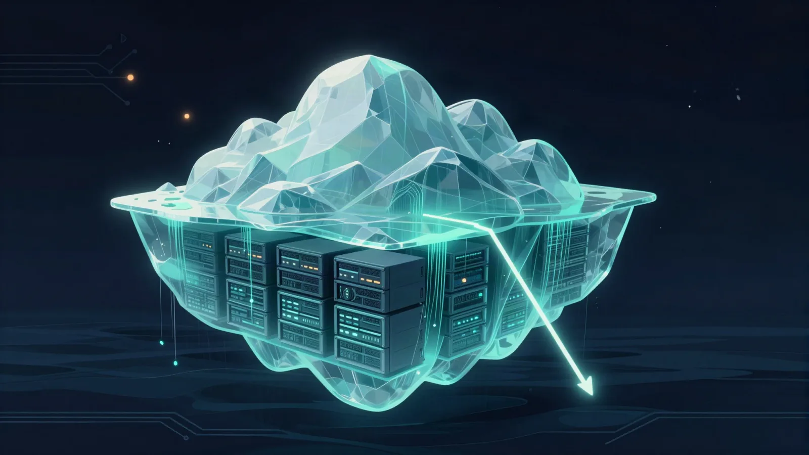 Iceberg de cristal con capas de datos sobre servidores y una flecha de costos en descenso