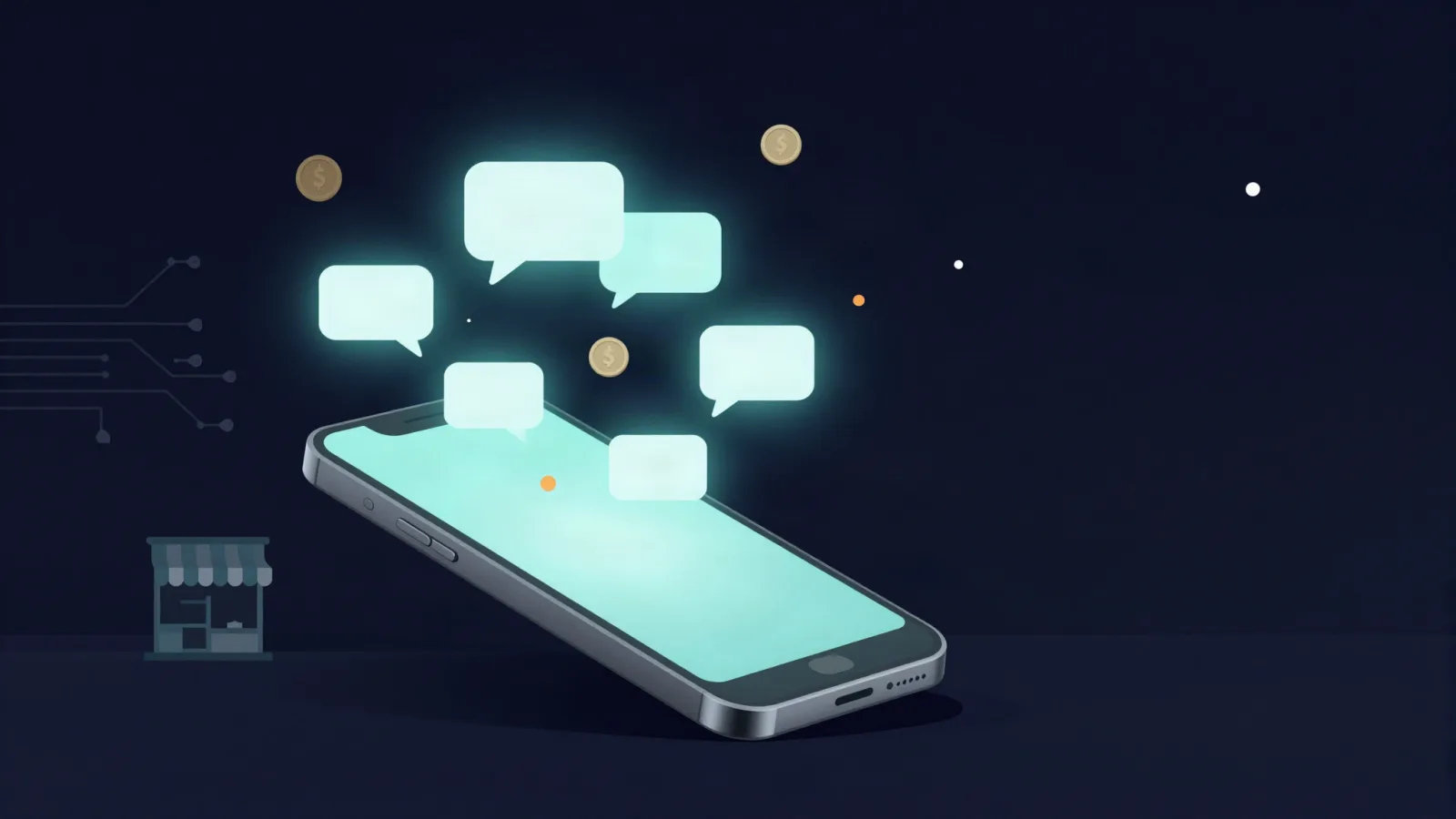 Celular con burbujas de chat y monedas flotando alrededor