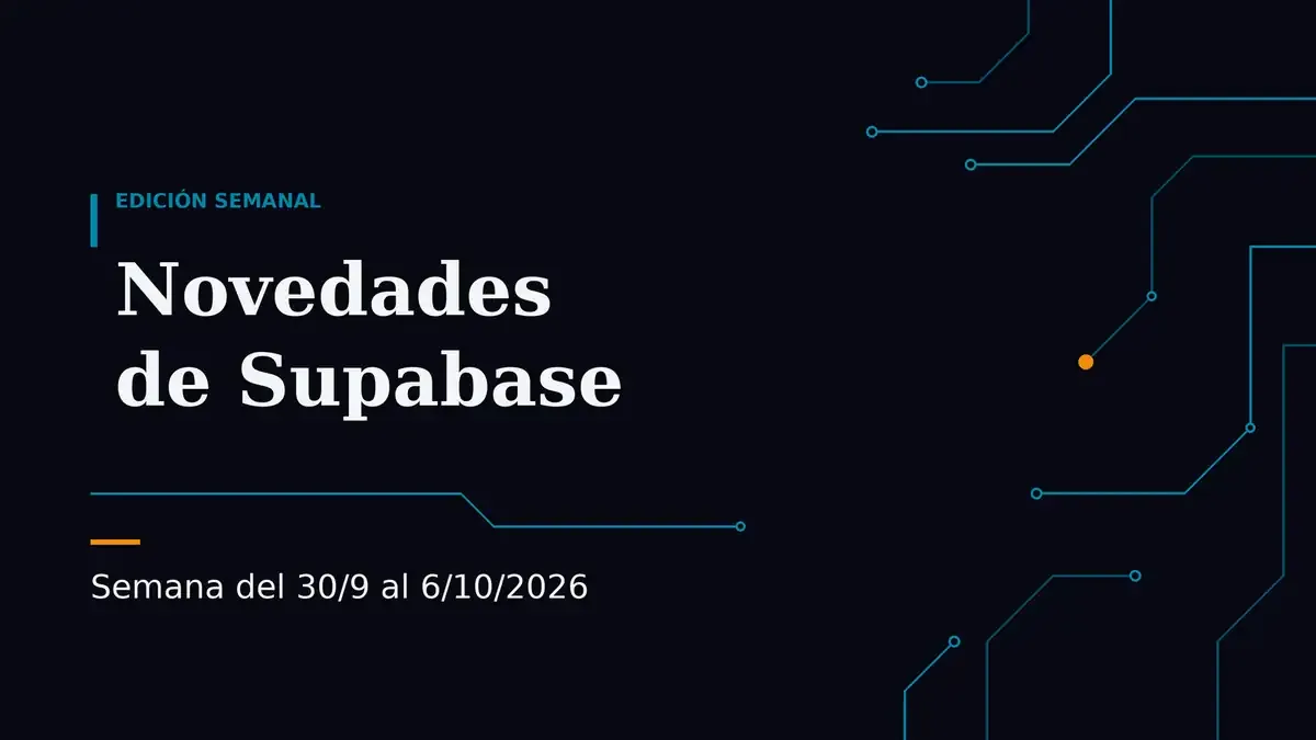 Portada de Novedades de Supabase, semana del 30/9 al 6/10/2026: título en blanco sobre fondo azul noche con líneas de circuito en teal y un detalle naranja