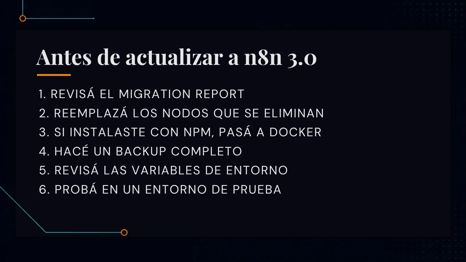 Checklist visual para preparar una instancia de n8n antes de actualizar a la versión 3.0