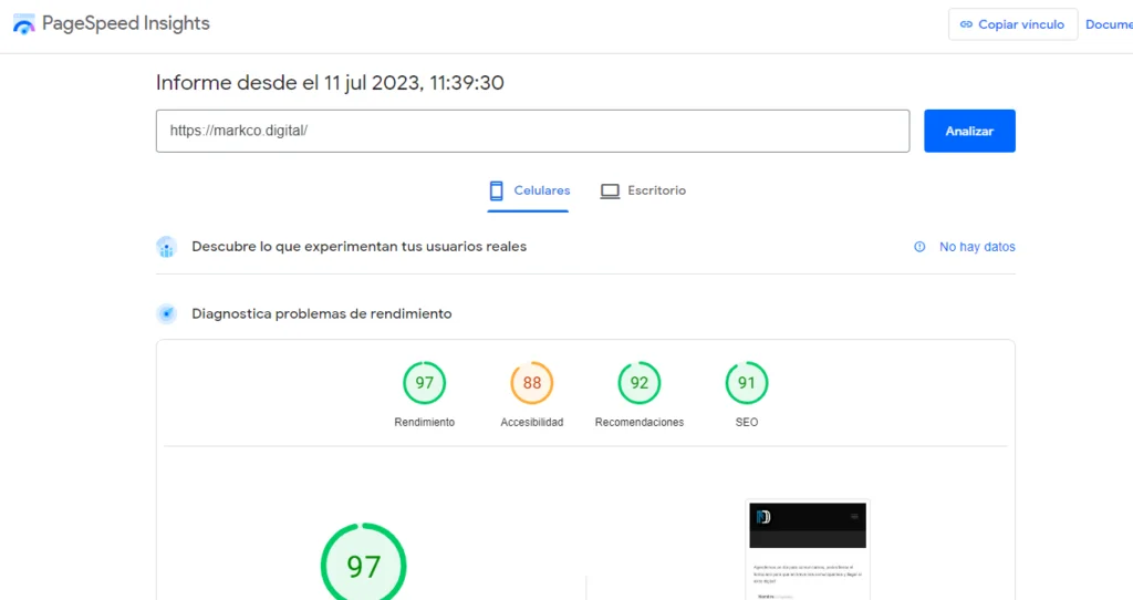 Para ejemplificar mostramos un redimiendo dentro de pagespeed 
 insights donde tiene valores elevados de rendimiento accesibilidad y recomendaciones para dar a entender mejor que es seo
